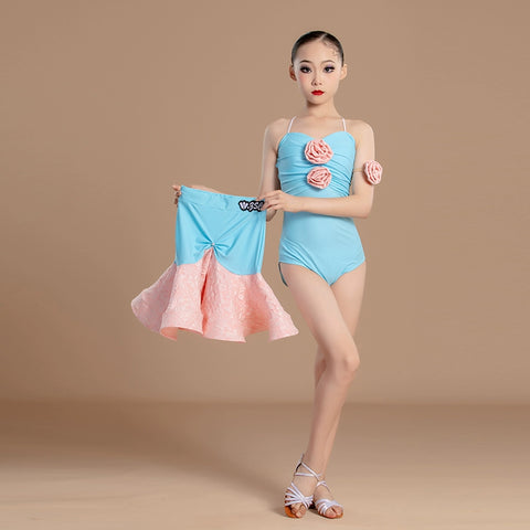 Pink blue flowers Latin dance dresses for girls kids ballroom salsa rumba chacha  split Latin training clothes for children - Moderndancedress.com
