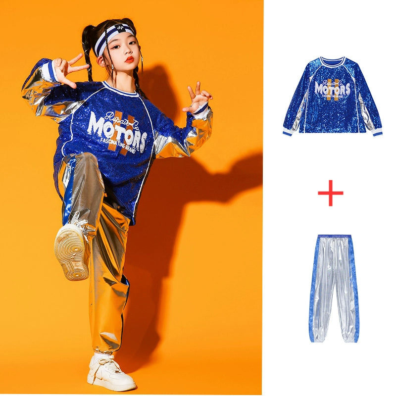 Children's Cheerleading Costumes Silver Blue Sequins Jazz Hip Hop Street Outfit for Girls Boys Opening Ceremony Jazz Dance Outfits for Kids - Moderndancedress.com