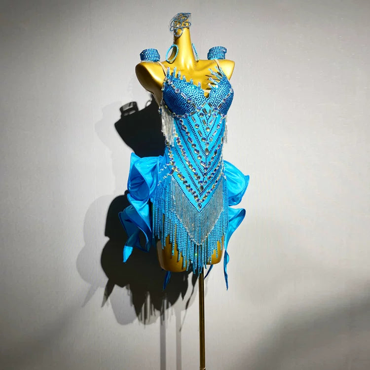Custom Size Turquoise Competition Latin Dance Dress Bling Bead Tube Salsa Chacha Performance Costume