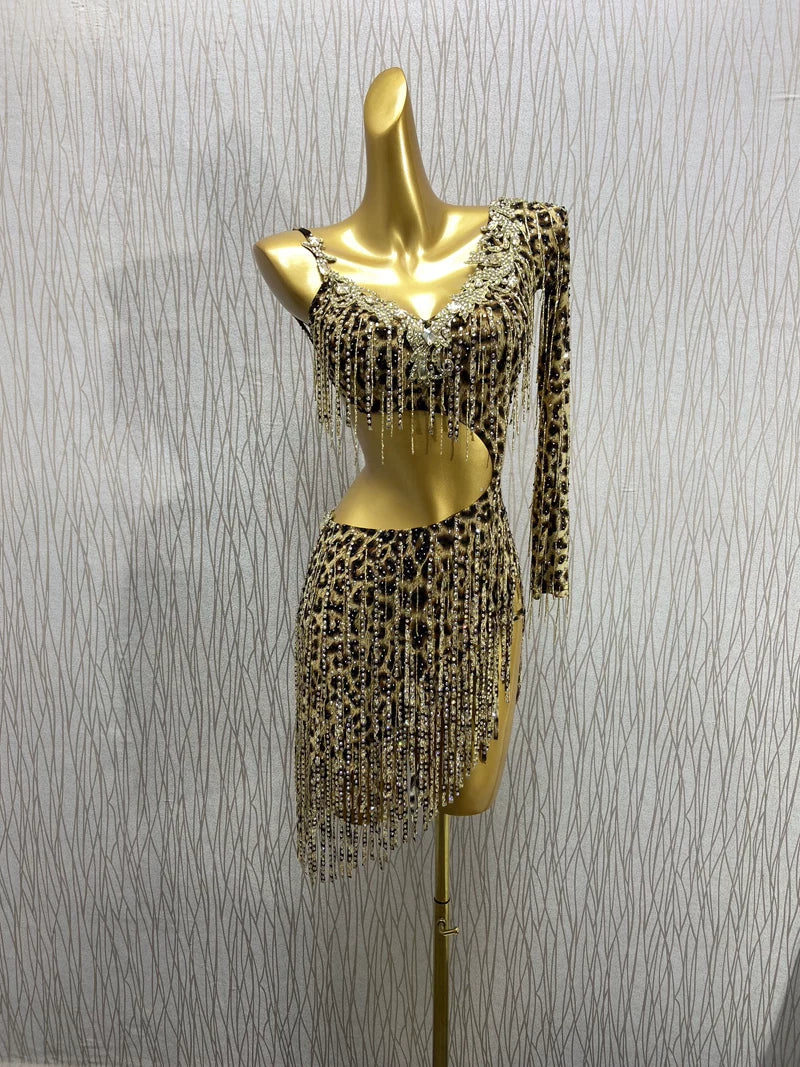 Custom Size Leopard Bling Latin Dance Dress Fringe Salsa Chacha Blackpool Competition Clothing