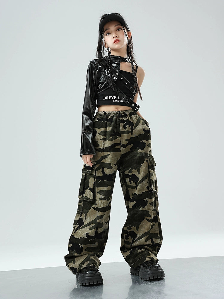 Girls Jazz Dance Costume Kids Rapper Singers Hip Hop Street Dance Outfits Single Sleeve Leather Coat Camouflage Pants - Moderndancedress.com