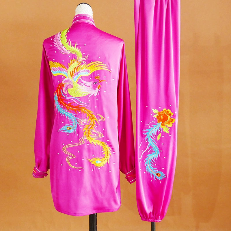 Custom size Phoenix Embroidery Tai Chi clothing for women fuchsia  Qigong Dance Team wushu Competition Performance uniforms - Moderndancedress.com