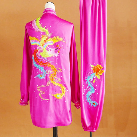 Custom size Phoenix Embroidery Tai Chi clothing for women fuchsia  Qigong Dance Team wushu Competition Performance uniforms - Moderndancedress.com