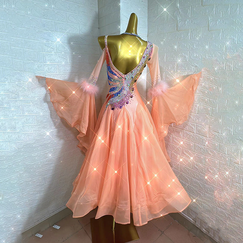 Customized Size Crystal Competition Light Orange Ballroom Dance Dresses for Women Girls Feather Rhythm Foxtort Smooth Waltz Dancing Long Gown - Moderndancedress.com