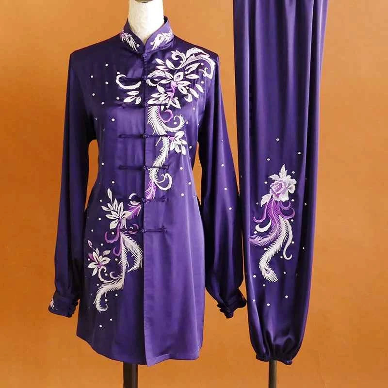 Custom Size Tai Chi Clothing Purple Blue Embroidered Flowers Wushu Martial Arts Competition Uniforms Baduanjin Clothes