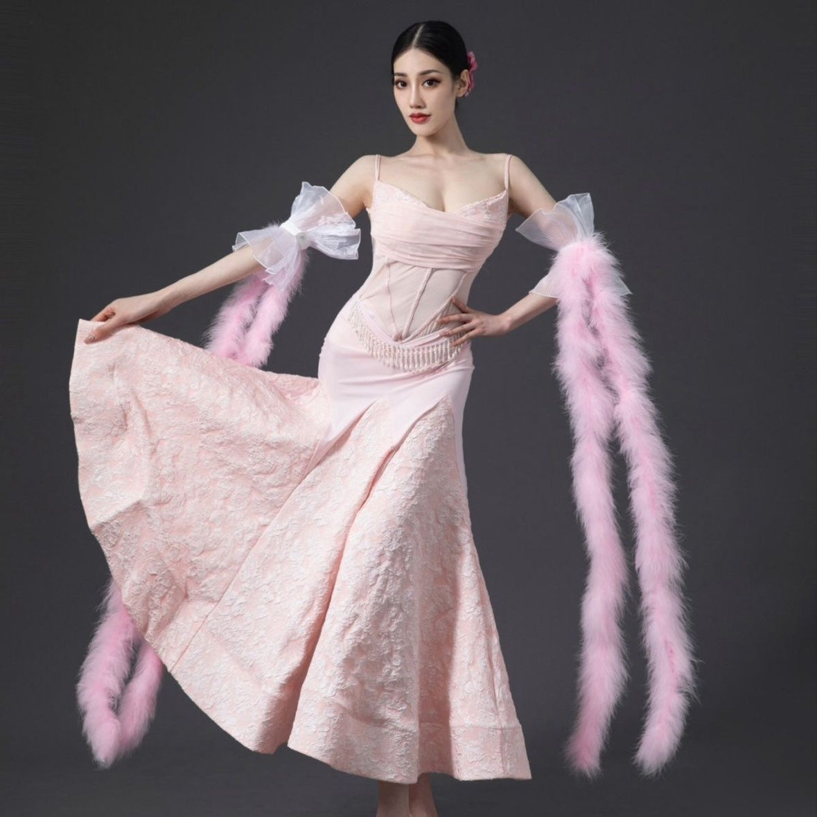 Pink Feather Ballroom Dance Dresses for Women Girls Green National Standard Waltz Tango Foxtrot Smooth Dance Long Swing Skirts - Moderndancedress.com