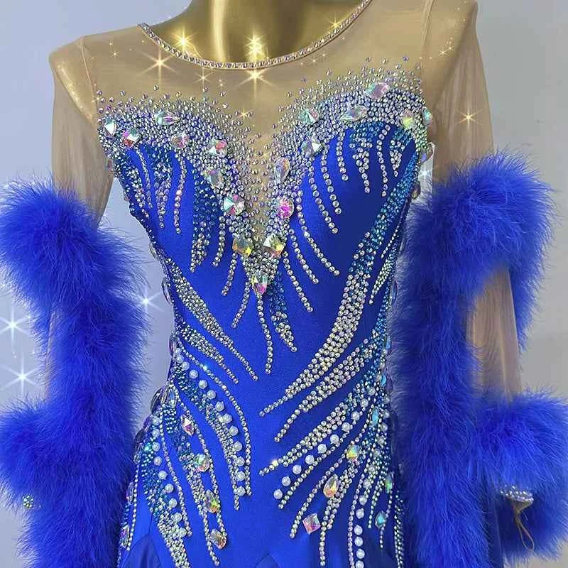 Customized Size Royal Blue Feather Competition Ballroom Dance Dresses for Women Girls National Standard Dance Long Gown