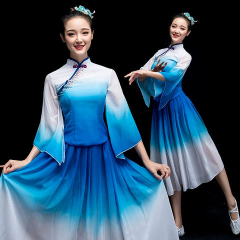 Chinese Folk Dance Costume Modern Dance Costume Female Adult Short Skirt Green Chorus Costume Guzheng Classical Dance Song and Dance Suit - Moderndancedress.com