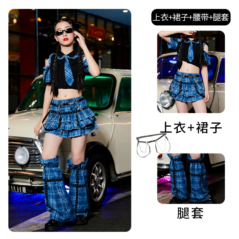 Girls Jazz Street Dance Costume Blue Green Plaid Hiphop Rapper Singers Stage Performance Outfits Model Show Photos Shooting Party Trendy Clothes for Kids - Moderndancedress.com