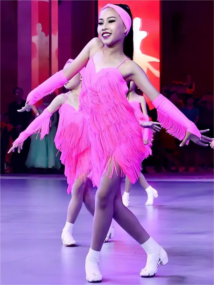 Children's hot pink fringe performance Latin dance dresses for kids girls salsa rumba chacha ballrooom latin performance clothing - Moderndancedress.com