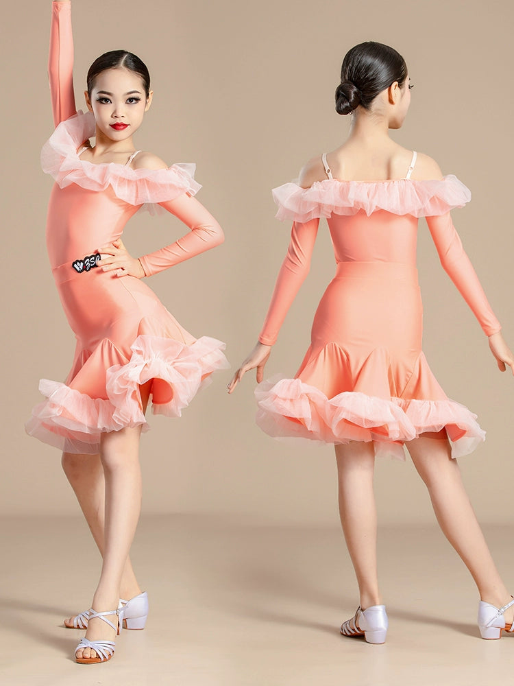 Girls kids orange light purple ruffles Latin dance dresses dew shoulder salsa ballroom latin performance outfits  practice costumes - Moderndancedress.com