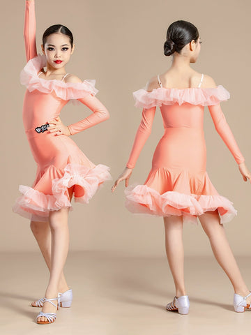 Girls kids orange light purple ruffles Latin dance dresses dew shoulder salsa ballroom latin performance outfits  practice costumes - Moderndancedress.com
