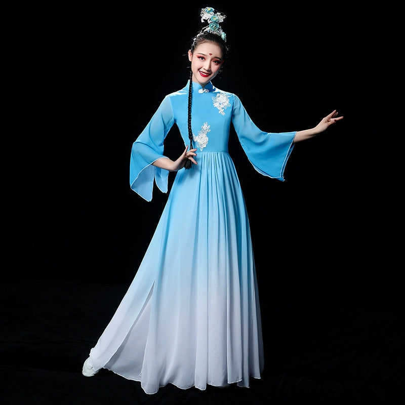 Chinese Folk Dance Costume Chinese Fan Umbrella Dance Modern Dance Costume Long Skirt Fairy Adult - Moderndancedress.com