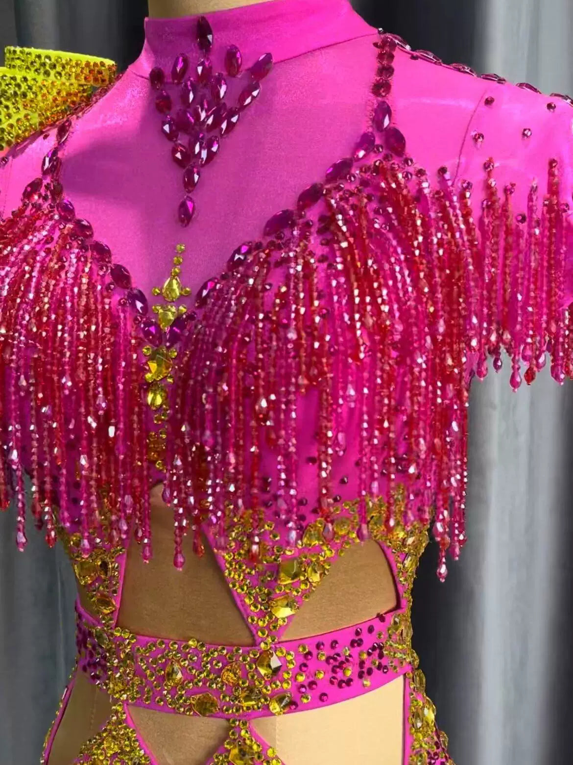 Custom Professional Pink & Gold Latin Competition Dress with Fringe & Crystals