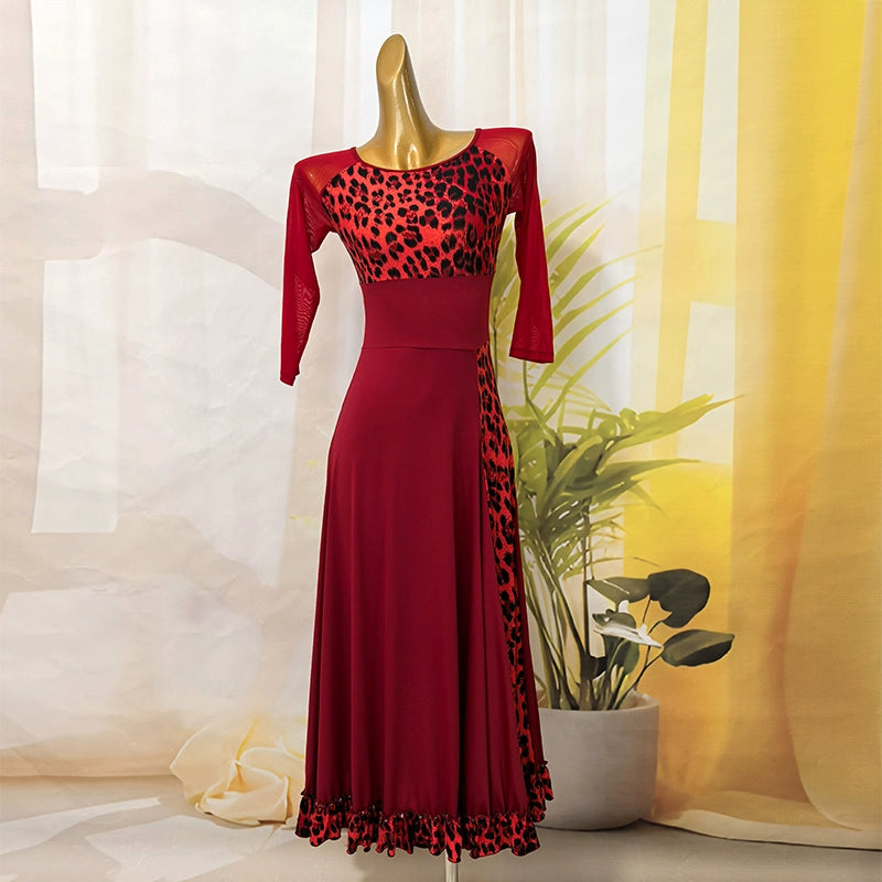 Wine Leopard Ballroom Dance Dresses for Women Girls Waltz Tango Rhthm Smooth Dance Long Swing Skirts - Moderndancedress.com