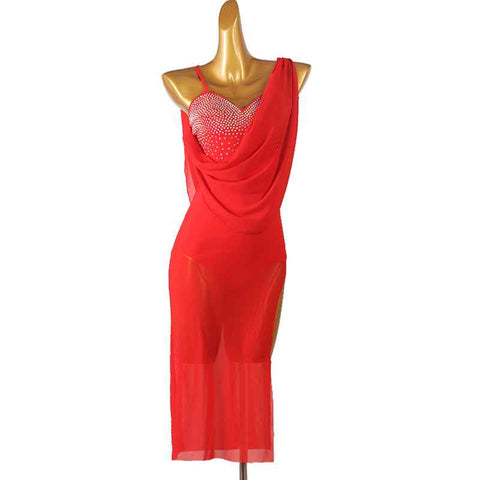 Red Blue White Flowy Latin Dance Dresses for Women Girls Slant Neck Salsa Rumba Chacha Jive Dance Long Skirt