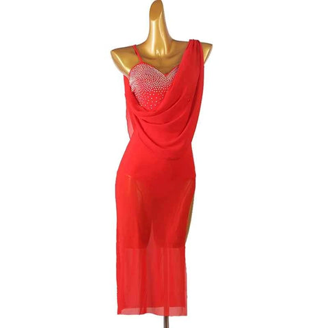 Red Blue White Flowy Latin Dance Dresses for Women Girls Slant Neck Salsa Rumba Chacha Jive Dance Long Skirt