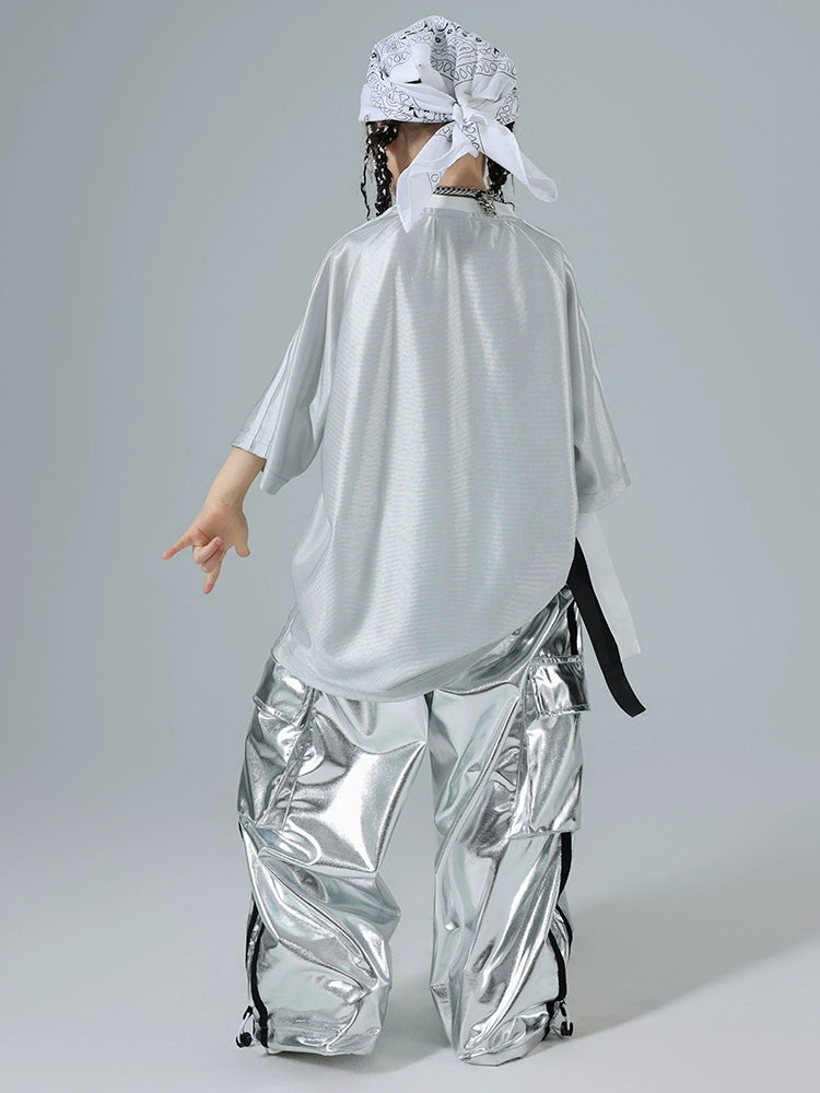 Hiphop street jazz dance Costumes for girls silver short sleeve pants modern gogo dancers rapper singers performance outfits for kids - Moderndancedress.com