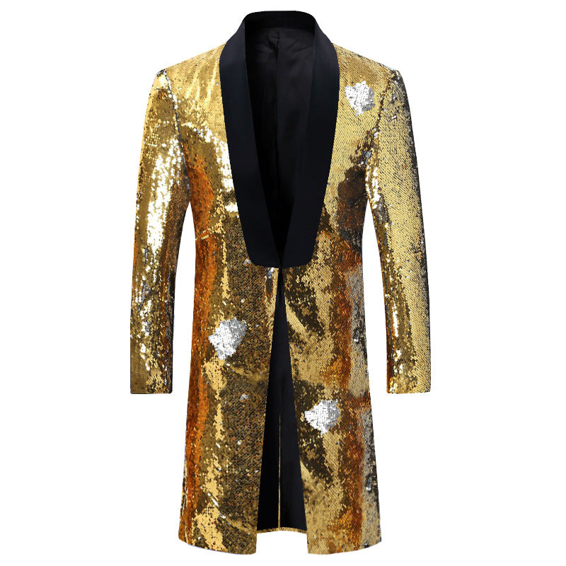 Men's Jazz Dance Costumes Turquoise Green Gold Two-color Sequined Host Singer Emcee Performance Long Coat for Male - Moderndancedress.com