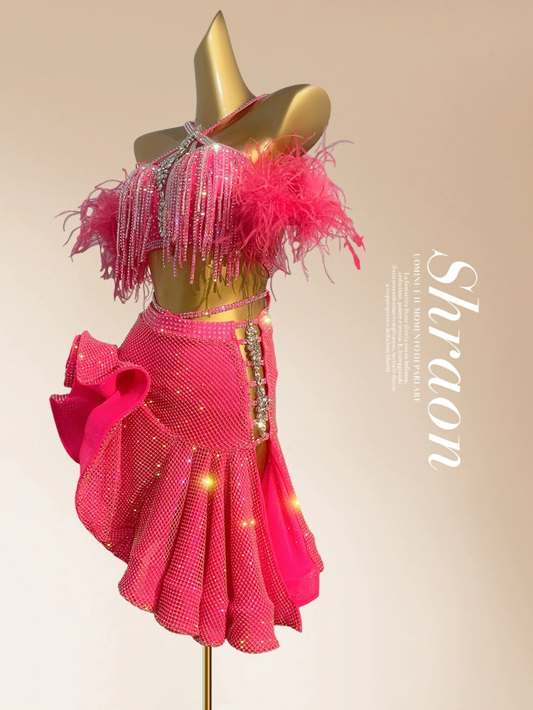 Custom Size Competition Latin Dance Dresses for Women Girls Blue Pink Feather Salsa Rumba Blackpool Dance Costumes - Moderndancedress.com