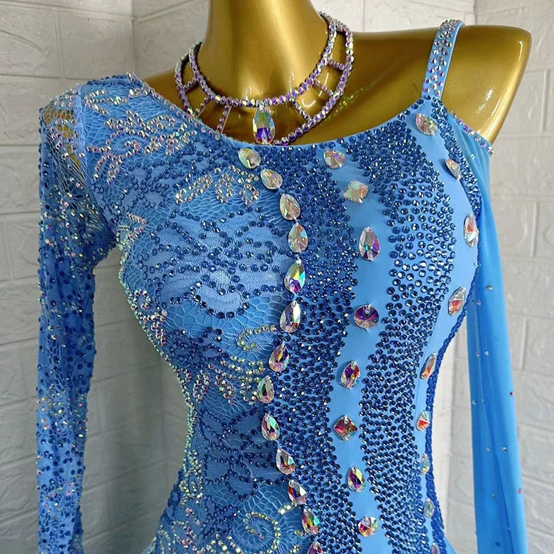 Custom Made Light Blue Lace Ballroom Gown with Crystals Waltz Foxtrot Dance Long Gown