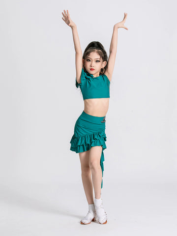 Green tassels Latin dance costumes for girls kids children ballroom Latin dance dresses modern salsa rumba Performance flower outfits - Moderndancedress.com