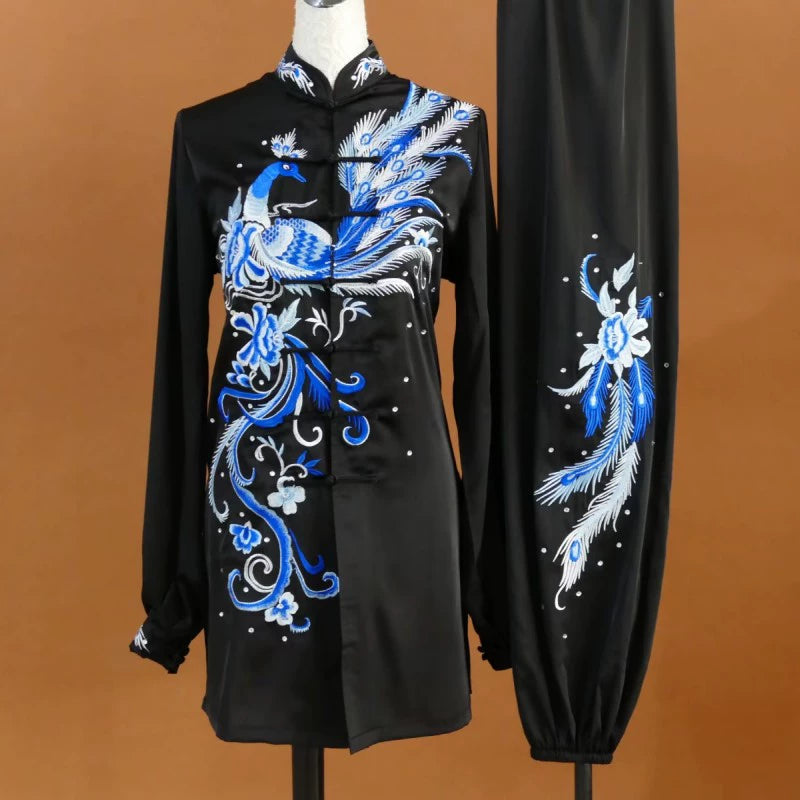 Custom Size Tai Chi Clothing Dark Green Embroidered Phoenix Wushu Martial Arts Kunfu Group Performance Uniforms - Moderndancedress.com