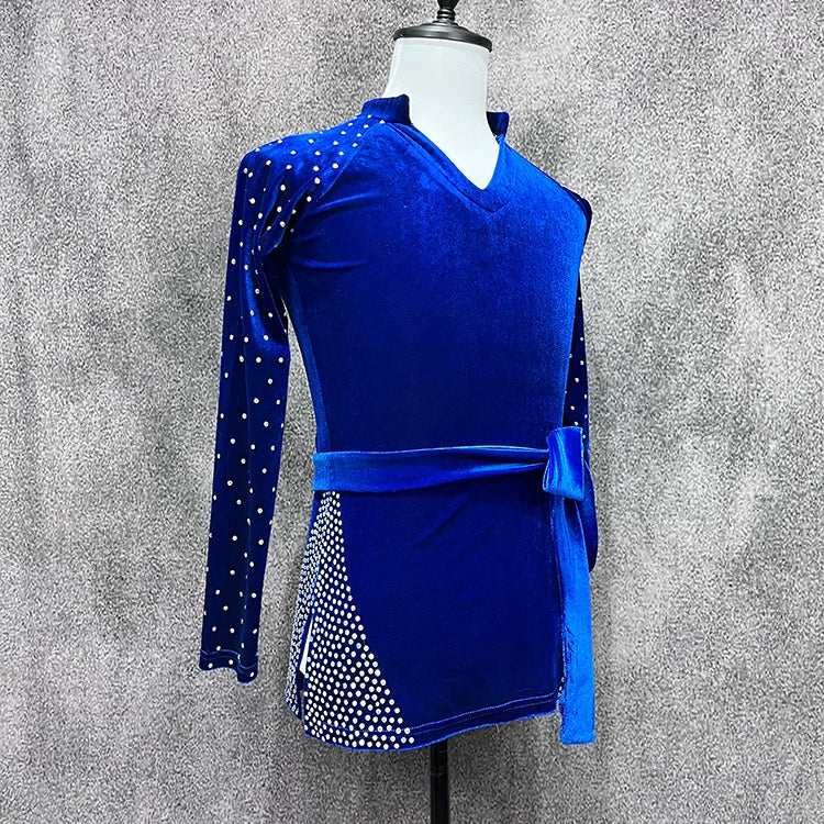 Custom Size Boys Velvet Latin Dance Shirts Royal Blue Salsa Rumba Ballroom Cha Cha Performance Tops for Kids