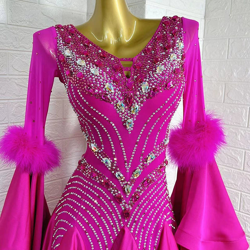Custom Size Fuchsia Pearl Satin Competition Ballroom Dance Dresses for Women Girls Tango Rhythm Waltz Dance Long Skirts - Moderndancedress.com