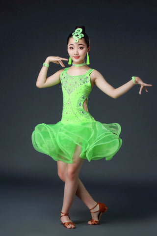 Competition Latin Dance Dresses for Kids Girls Orange White Red Neon Green Rhinestones Competition Grade Salsa Chacha Party Performance Outfits for Kids - Moderndancedress.com