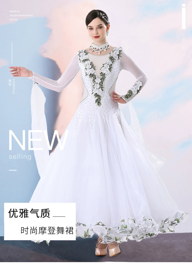Women's Competition ballroom dance dresses for girls white pink blue waltz tango foxtrot rhythm moving dance long gown with float sleeves - Moderndancedress.com