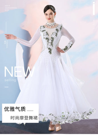 Women's Competition ballroom dance dresses for girls white pink blue waltz tango foxtrot rhythm moving dance long gown with float sleeves - Moderndancedress.com