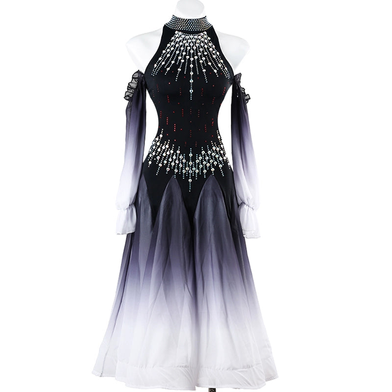 Royal Blue Black Gradient Competition Ballroom Dance Dress for Women Girls Rhinestones Halter Neck Dew Shoulder Waltz Tango Party Dance Long Gown for Female - Moderndancedress.com