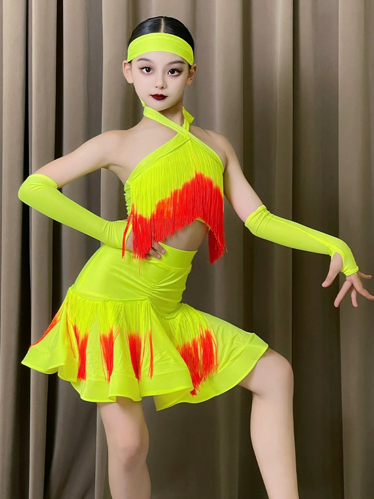 Pink Neon Green Red Fringe Latin Dance Dresses for Girls Kids Salsa Rumba Chacha Halter Neck Performance Clothing for Children - Moderndancedress.com