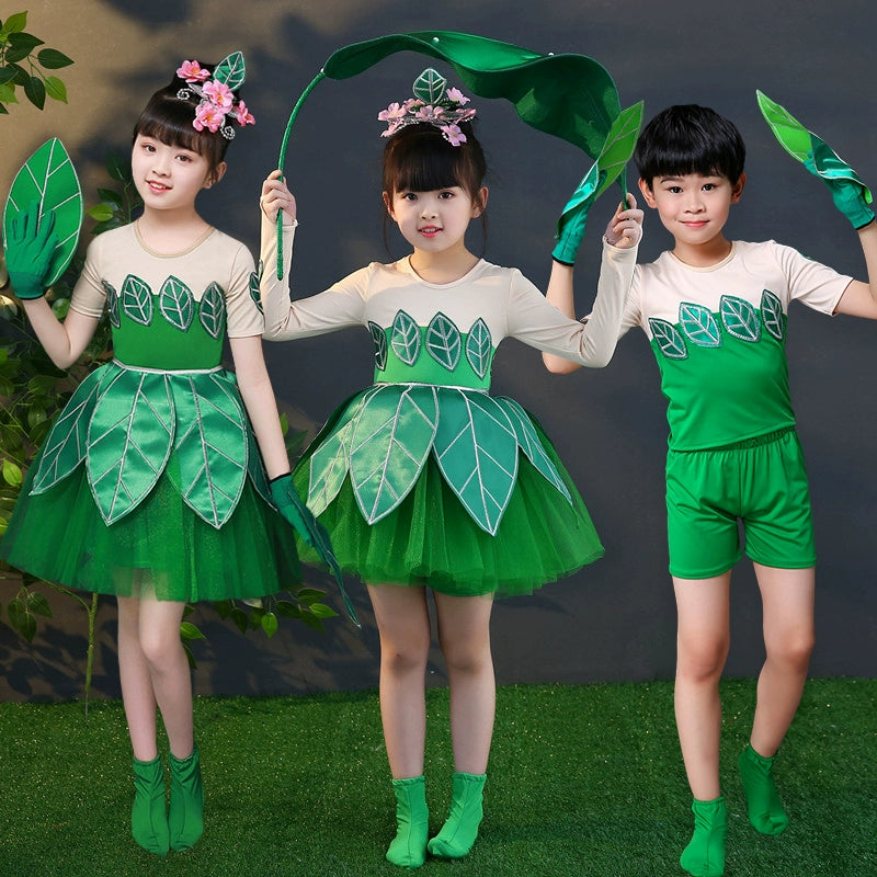 Children's performance clothes hoe grass performance clothes fun in the rain Jasmine dance clothes Xiao chorus clothes green pengpeng skirt - Moderndancedress.com