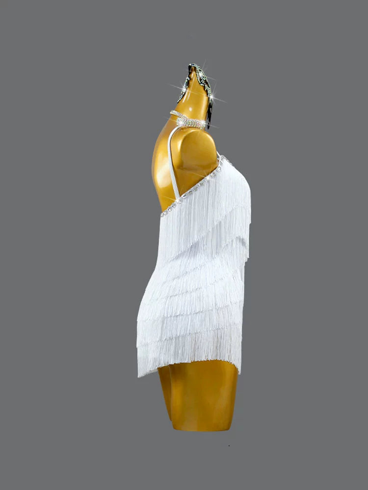 Customized size white girls kids Latin dance competition clothing professional salsa rumba solo fringed dress flower clothing art exam - Moderndancedress.com