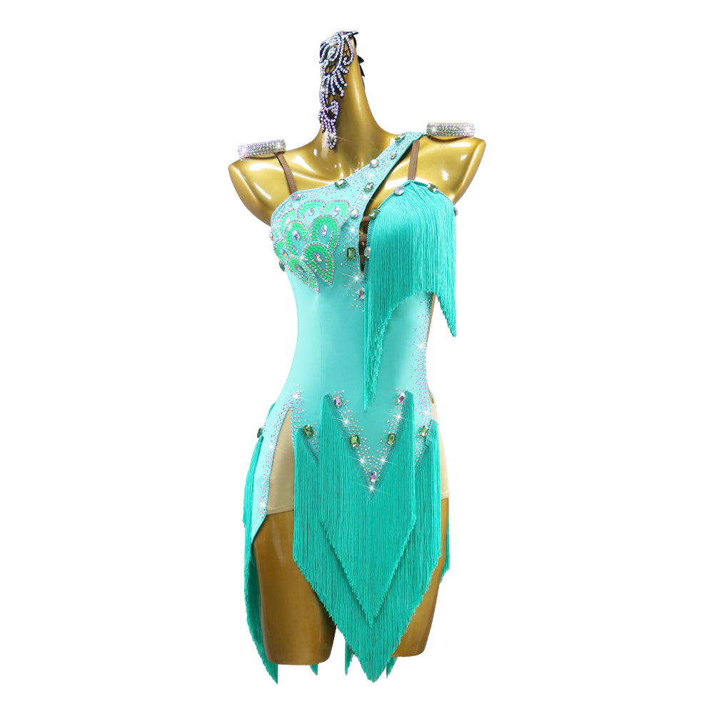 Mint Competition Latin Dance Dresses for Women Girls Slant Neck Salsa Rumba Chacha Blackpool Dance Outfits