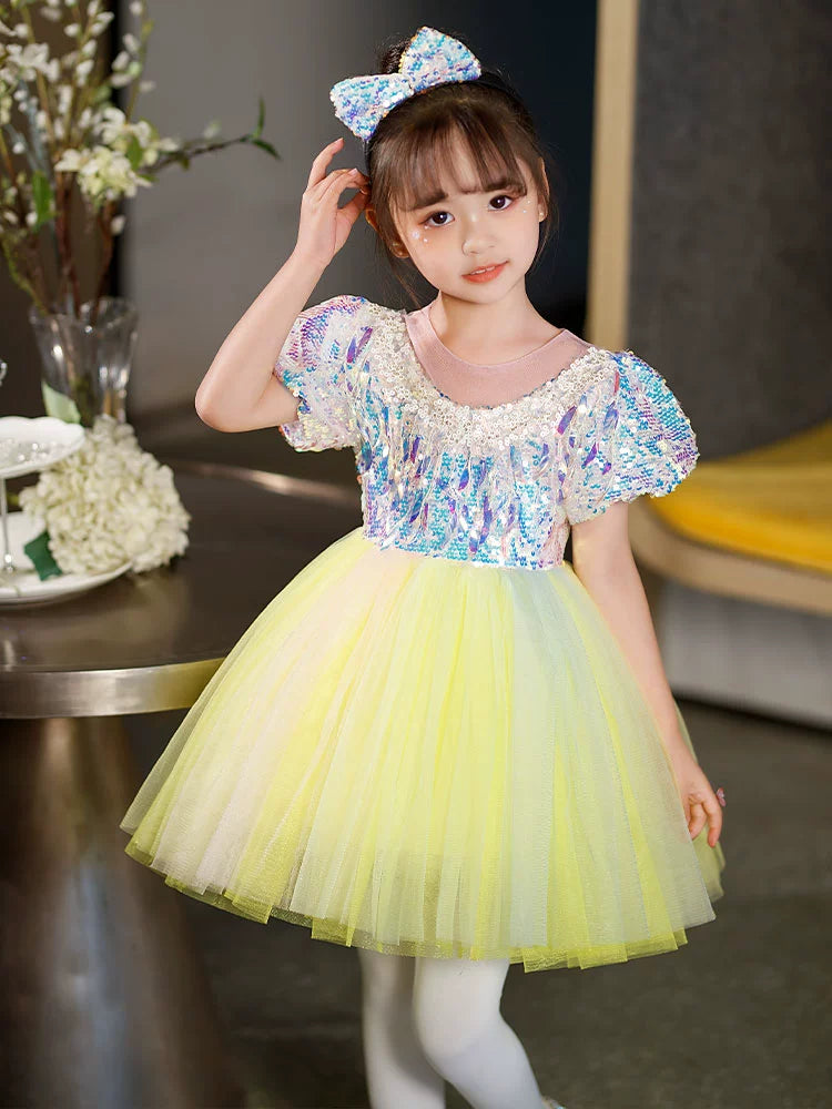 Children's yellow sequin tutu skirt jazz dance dresses boys girls school choir stage performance outfits kindergarten phtos shooting clothes - Moderndancedress.com