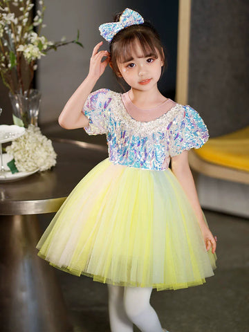 Children's yellow sequin tutu skirt jazz dance dresses boys girls school choir stage performance outfits kindergarten phtos shooting clothes - Moderndancedress.com