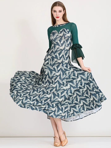 Printing flowers ballroom dance dresses for women girls waltz tango modern dance long gown stage performance practice clothes - Moderndancedress.com