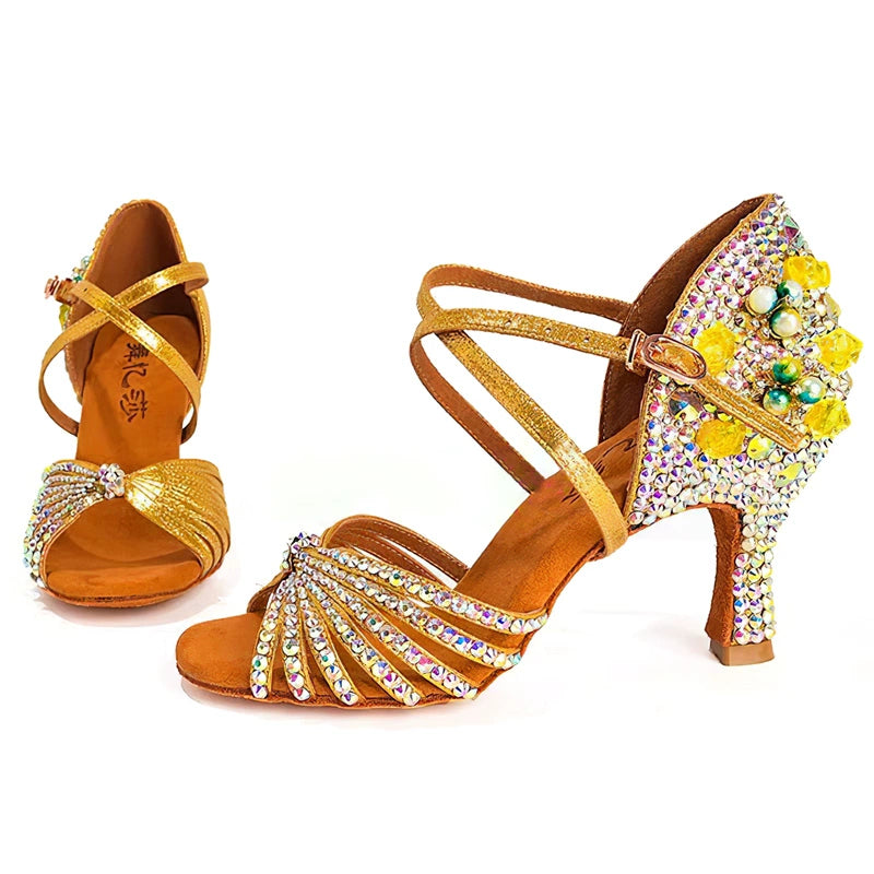 Yellow Gemstones Competition Latin Dance Shoes for Women Girls Kids High Heel Children Salsa Rumba Chacha Tango Latin Dance Shoes Soft Soles - Moderndancedress.com