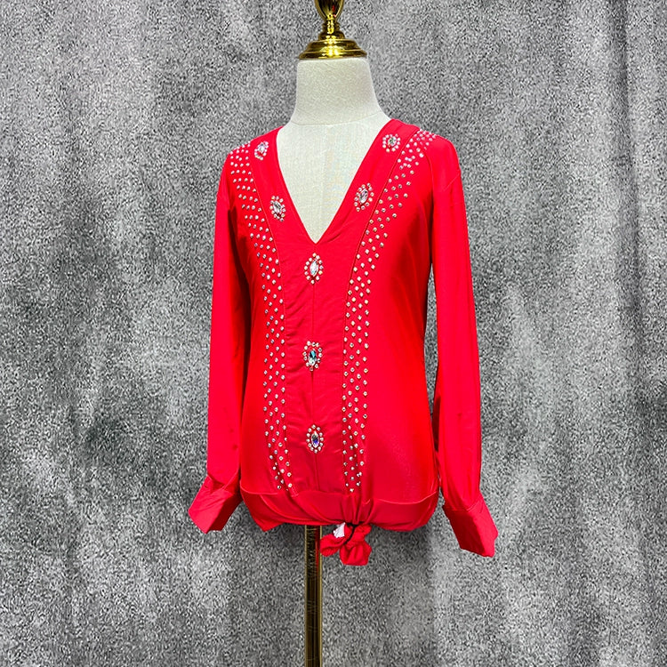 Red Rhinestones Latin Dance Shirts for Boys Kids Salsa Ballroom Waltz Latin Stage Performance Body Tops Long Sleeves - Moderndancedress.com