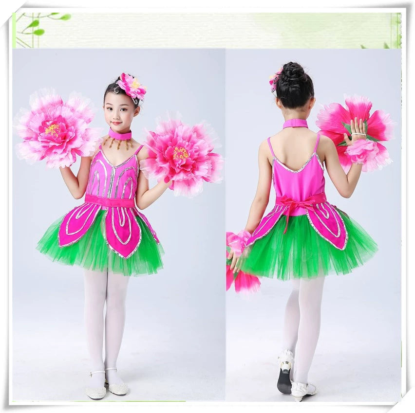 Children's Pink Petals Flowers Jazz Dance Dresses Jasmine Blossom Dance Costume Flower Fairy Tutu Skirts Performance Costume for Kids - Moderndancedress.com
