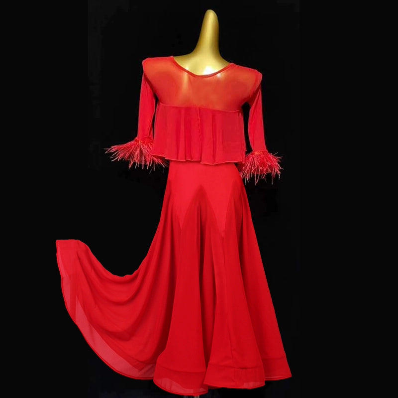 Mid-sleeved Red Feather Ballroom Dance Dresses for Women Girls Royal Blue Waltz Tango Party Competition Ball Gown Swing Skirts - Moderndancedress.com