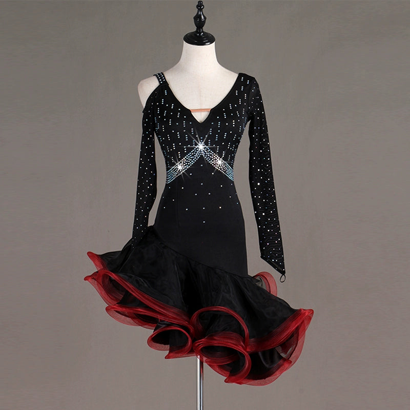 Latin Dance Dresses Mesh Long Sleeve Dance  Performing Dresses Rhinestones Long Sleev Dress - Moderndancedress.com