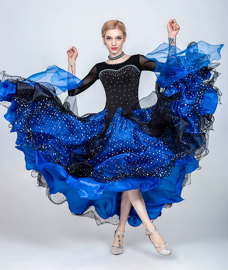 Blue pink Competition bling ballroom dance dresses for women girls waltz tango smooth ballroom dance big swing skirt for lady - Moderndancedress.com