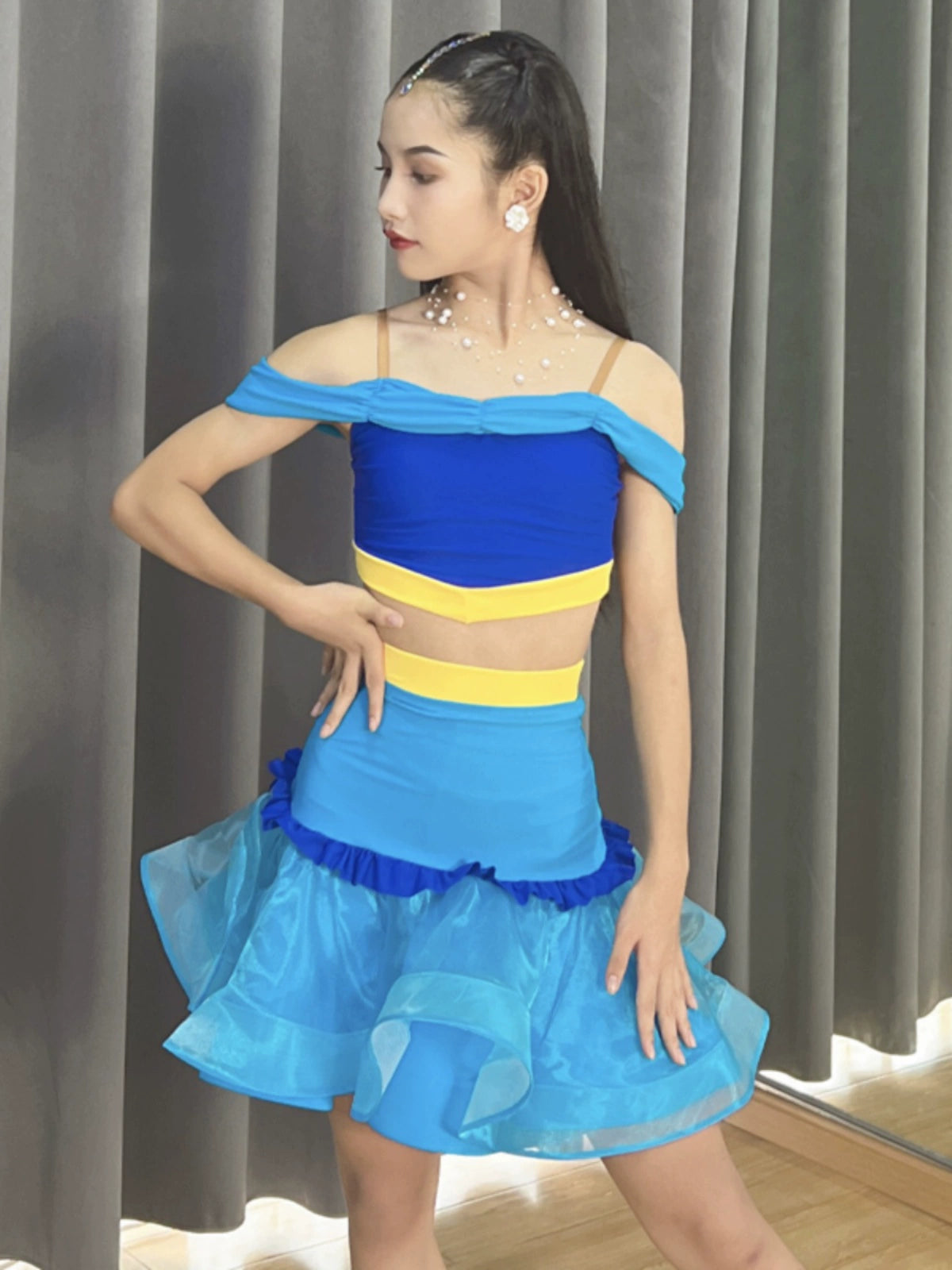 Blue yellow children's Latin dance dance dresses salsa ballroom performance skirts off-the-shoulder practice outfits for kids - Moderndancedress.com