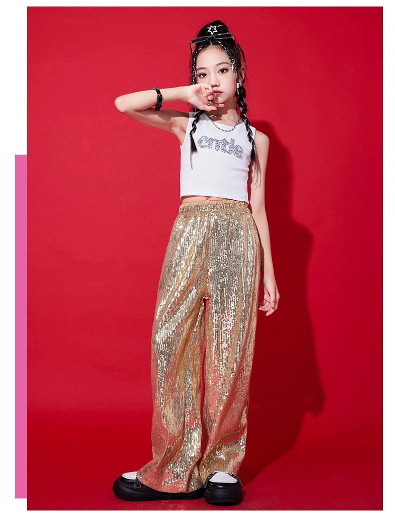 Girls Gold Sequin Jazz Dancing Costumes Gogo Dancers Hip Hop Rapper Singers Street Clothes Children's Model Show Wear - Moderndancedress.com