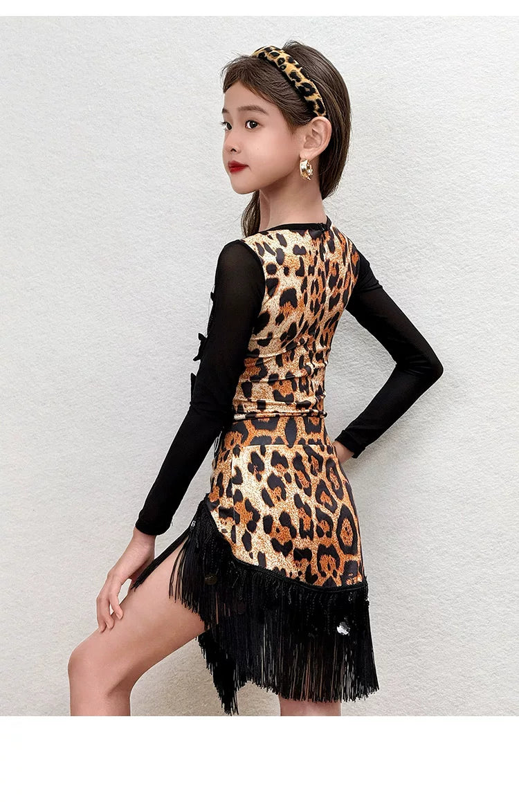 Girls Leopard Print Latin Dance Dress - Kids Fringe Salsa Ballroom Costume