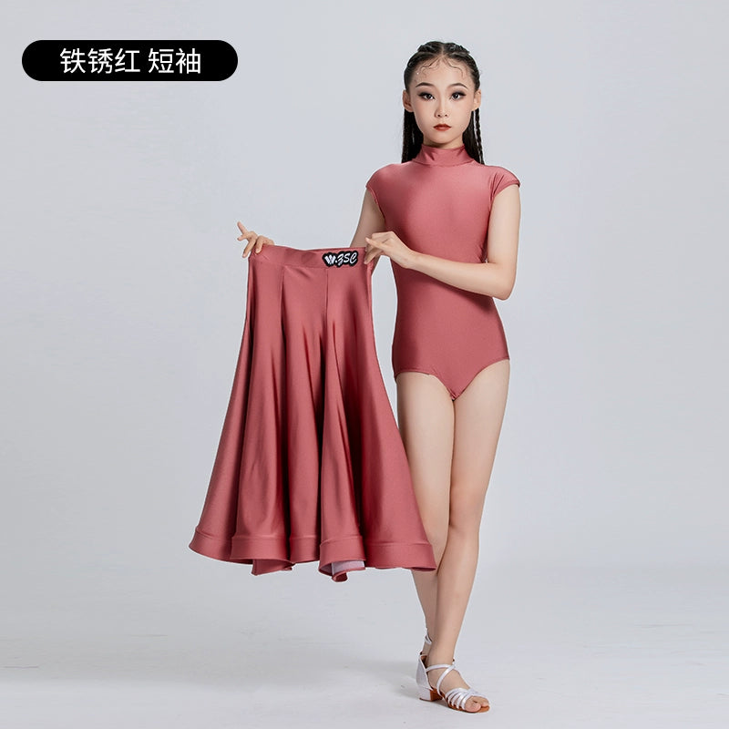 Blue Red Ballroom Dance Dresses for Girls Kids Long-sleeved  Latin Tango Waltz Juvenile Performance Long Gown Art Test Performance Skirts - Moderndancedress.com